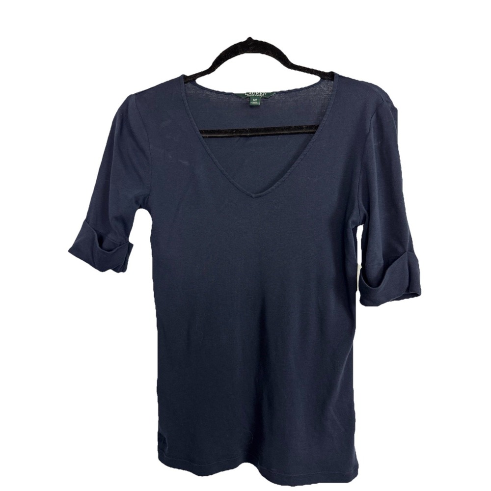 LAUREN RALPH LAUREN Women's Navy T-Shirt Top Cuff Sleeve Sz S Casual Soft Preppy